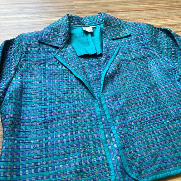 Parsley & Sage Woven 100% Silk Open Front Blazer Jacket Teal Blue/Green - Picture 3 of 6